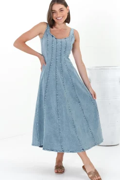 Jadely Midi Dress - Adjustable Strap A-Line Denim Sun Dress in Light Denim><noscript><img width=