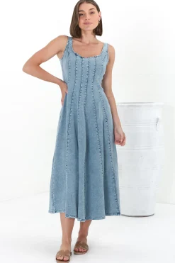 Jadely Midi Dress - Adjustable Strap A-Line Denim Sun Dress in Light Denim><noscript><img width=