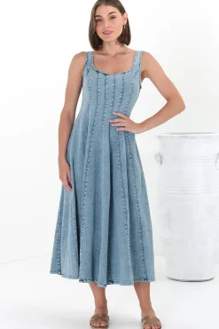 Jadely Midi Dress - Adjustable Strap A-Line Denim Sun Dress in Light Denim><noscript><img width=