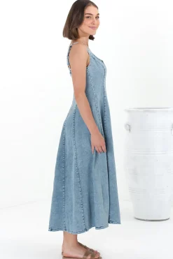 Jadely Midi Dress - Adjustable Strap A-Line Denim Sun Dress in Light Denim><noscript><img width=