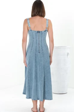 Jadely Midi Dress - Adjustable Strap A-Line Denim Sun Dress in Light Denim><noscript><img width=