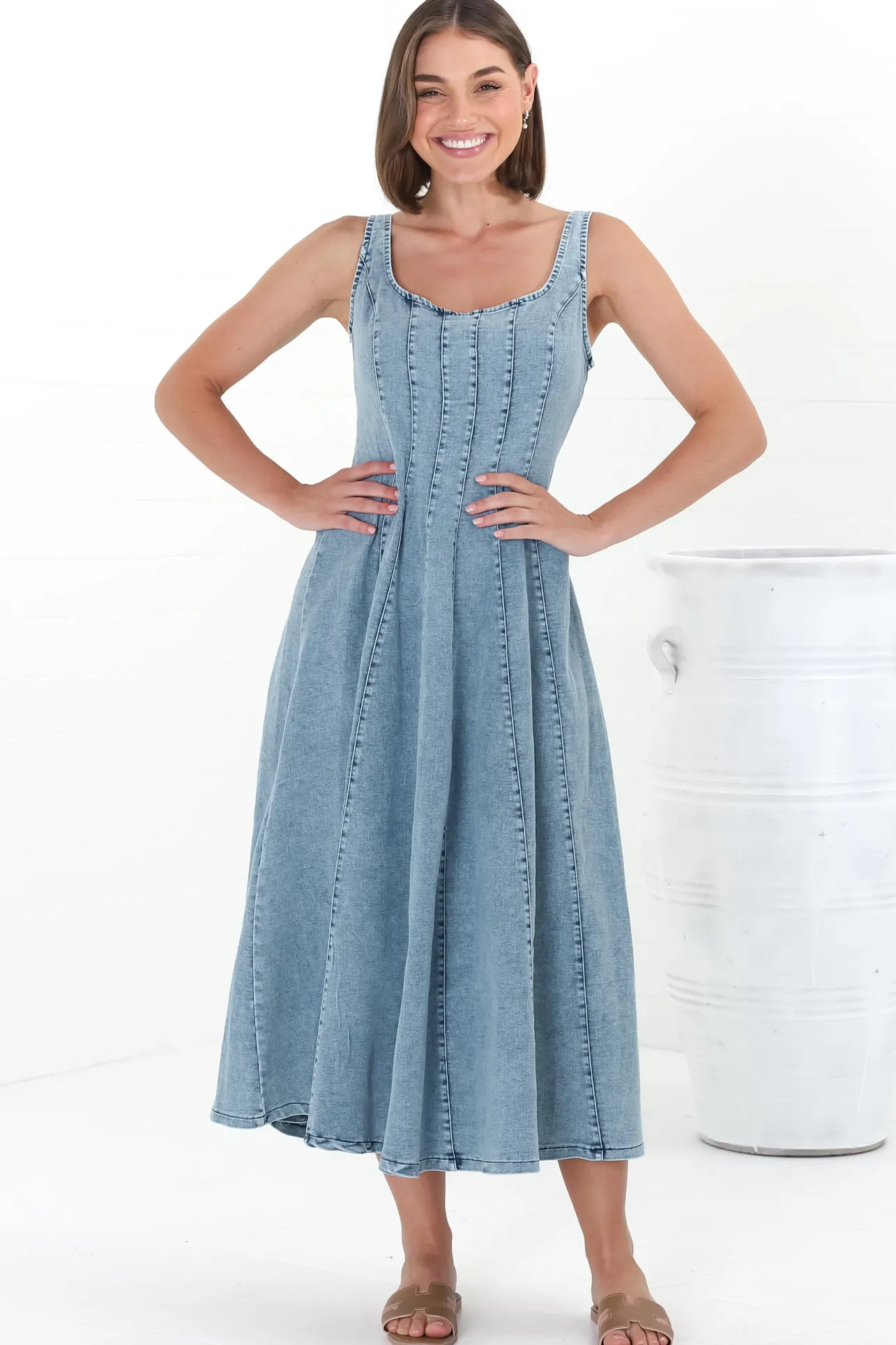 Jadely Midi Dress - Adjustable Strap A-Line Denim Sun Dress in Light Denim>Salty Crush Best
