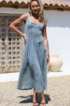 Jadely Midi Dress - Adjustable Strap A-Line Denim Sun Dress in Light Denim><noscript><img width=