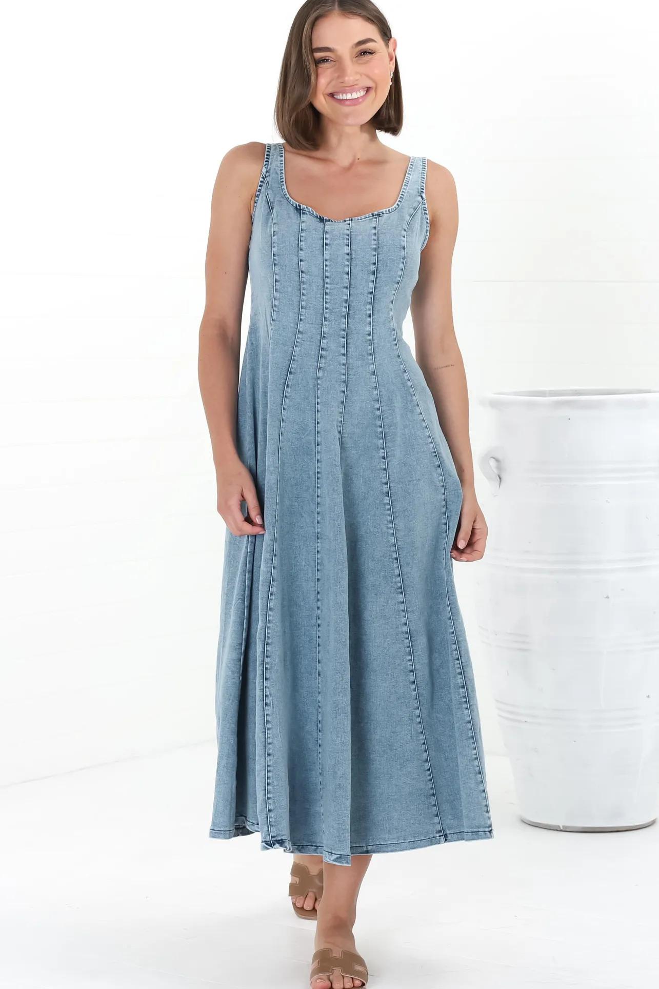 Jadely Midi Dress - Adjustable Strap A-Line Denim Sun Dress in Light Denim>Salty Crush Best