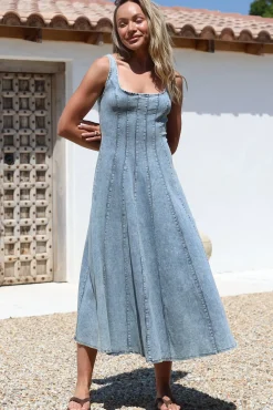 Jadely Midi Dress - Adjustable Strap A-Line Denim Sun Dress in Light Denim><noscript><img width=