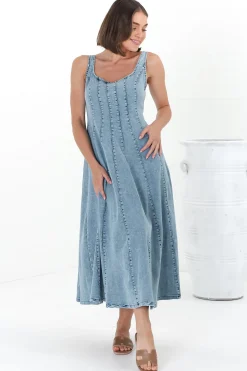 Jadely Midi Dress - Adjustable Strap A-Line Denim Sun Dress in Light Denim><noscript><img width=