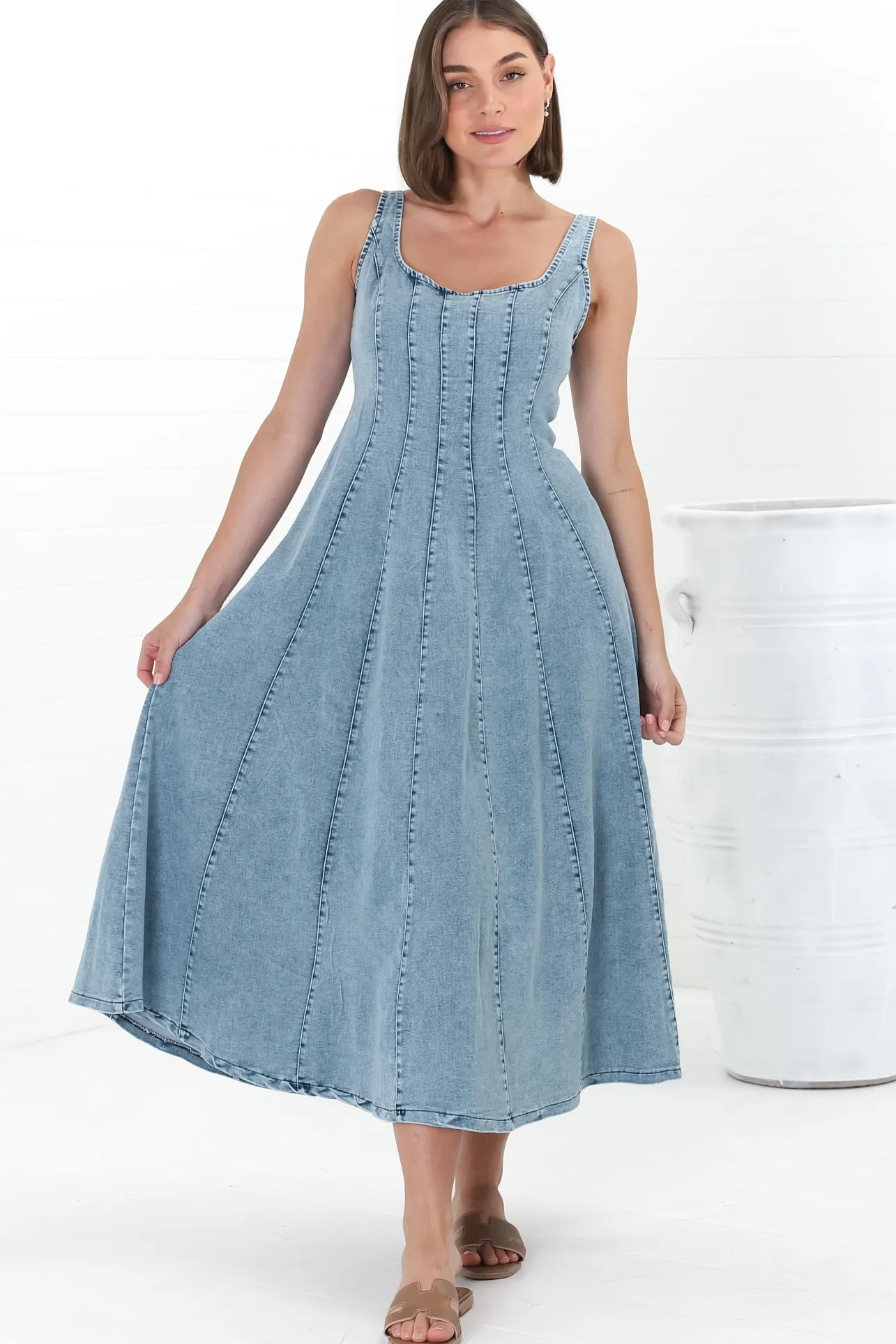 Jadely Midi Dress - Adjustable Strap A-Line Denim Sun Dress in Light Denim>Salty Crush Best