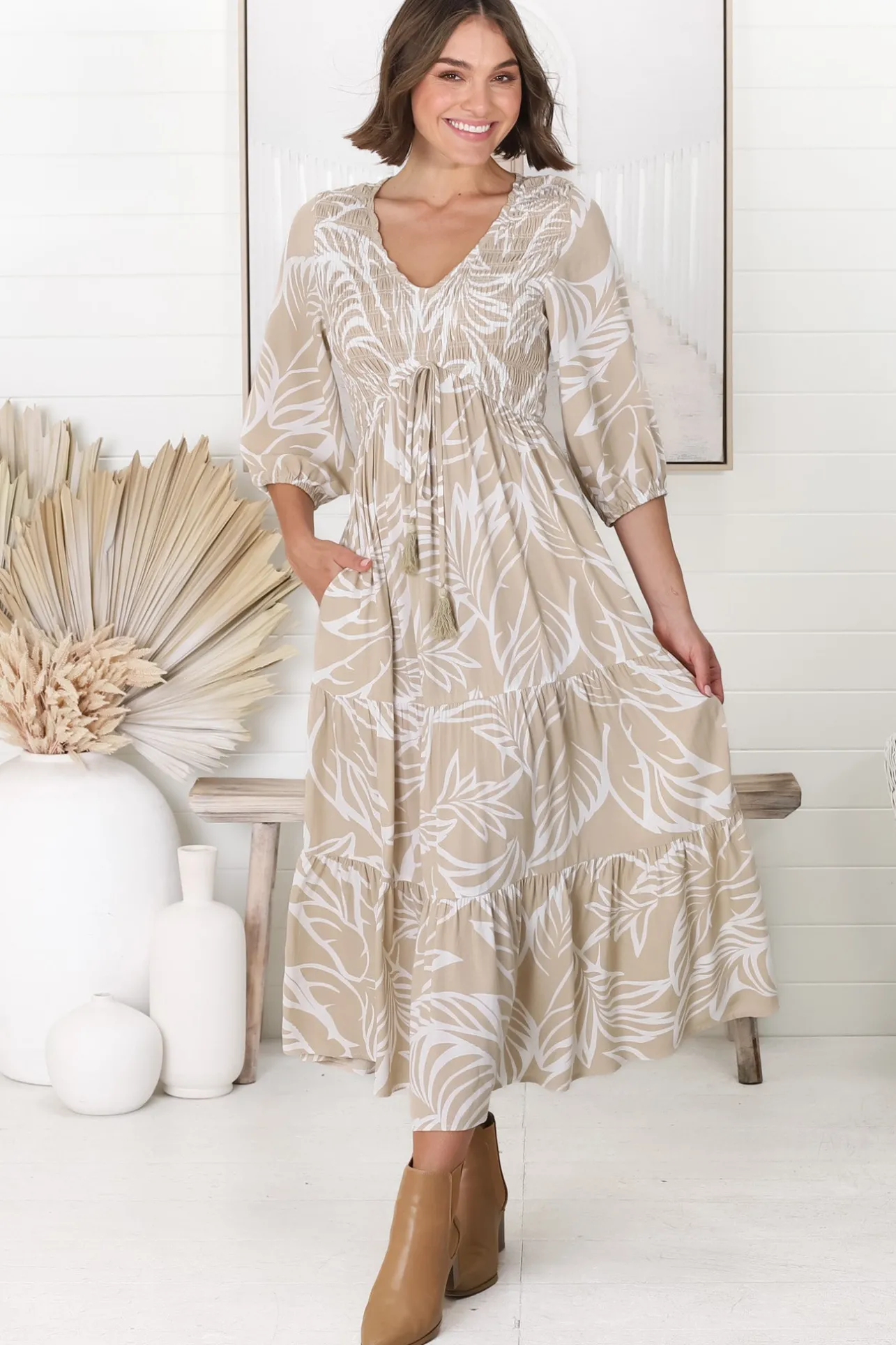 Jaden Midi Dress - Elasticated Bodice A-Line Dress in Jeani Print Beige>Salty Crush Hot