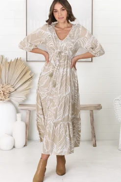 Jaden Midi Dress - Elasticated Bodice A-Line Dress in Jeani Print Beige><noscript><img width=