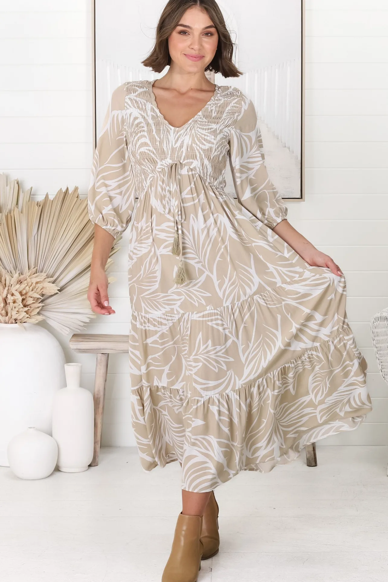 Jaden Midi Dress - Elasticated Bodice A-Line Dress in Jeani Print Beige>Salty Crush Hot