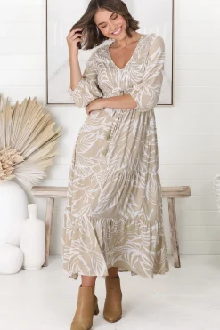 Jaden Midi Dress - Elasticated Bodice A-Line Dress in Jeani Print Beige><noscript><img width=
