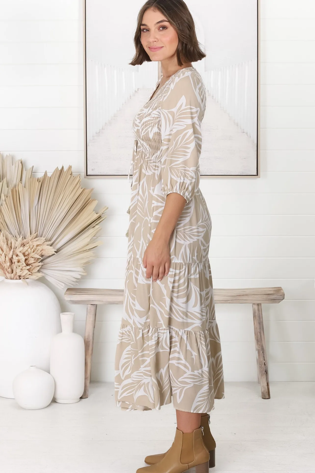 Jaden Midi Dress - Elasticated Bodice A-Line Dress in Jeani Print Beige>Salty Crush Hot