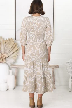 Jaden Midi Dress - Elasticated Bodice A-Line Dress in Jeani Print Beige><noscript><img width=