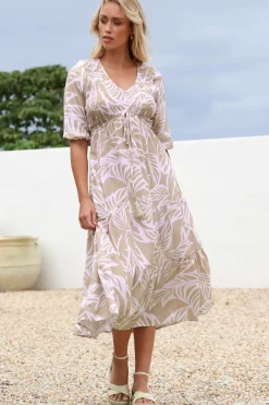 Jaden Midi Dress - Elasticated Bodice A-Line Dress in Jeani Print Beige><noscript><img width=