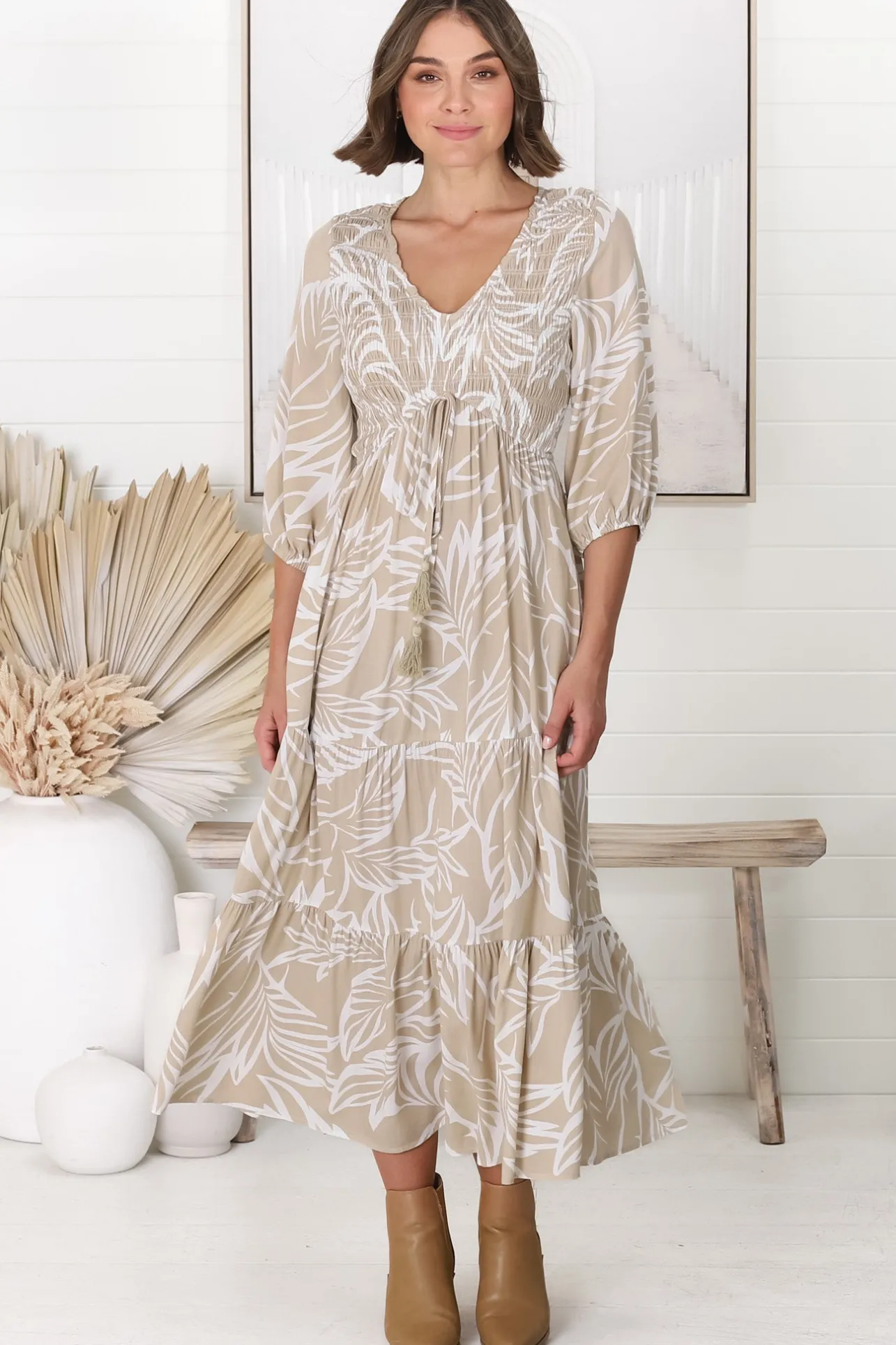 Jaden Midi Dress - Elasticated Bodice A-Line Dress in Jeani Print Beige>Salty Crush Hot