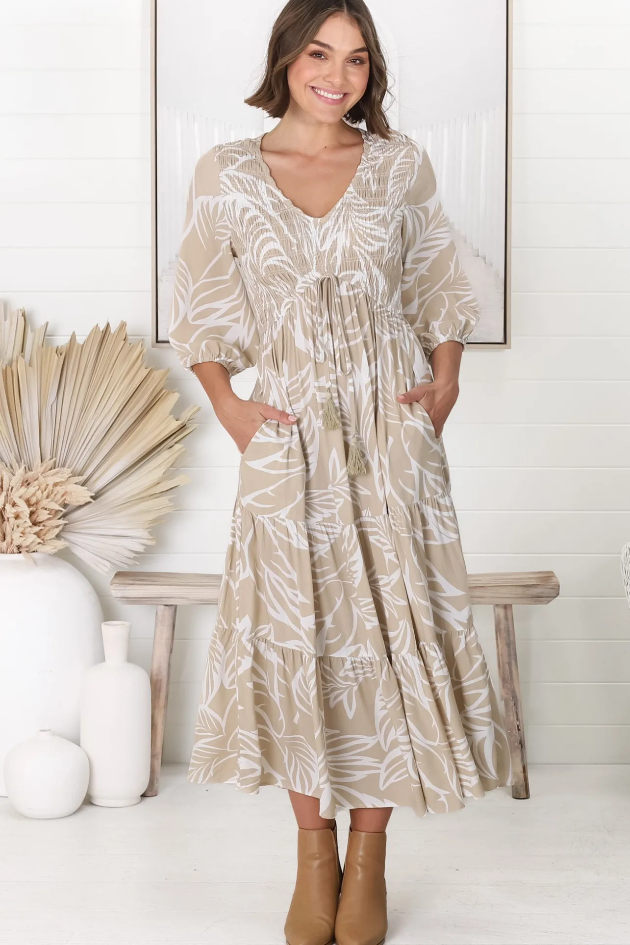 Jaden Midi Dress - Elasticated Bodice A-Line Dress in Jeani Print Beige>Salty Crush Hot