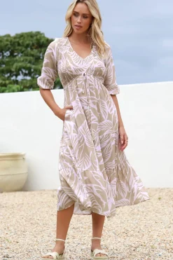 Jaden Midi Dress - Elasticated Bodice A-Line Dress in Jeani Print Beige><noscript><img width=