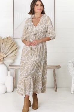 Jaden Midi Dress - Elasticated Bodice A-Line Dress in Jeani Print Beige><noscript><img width=