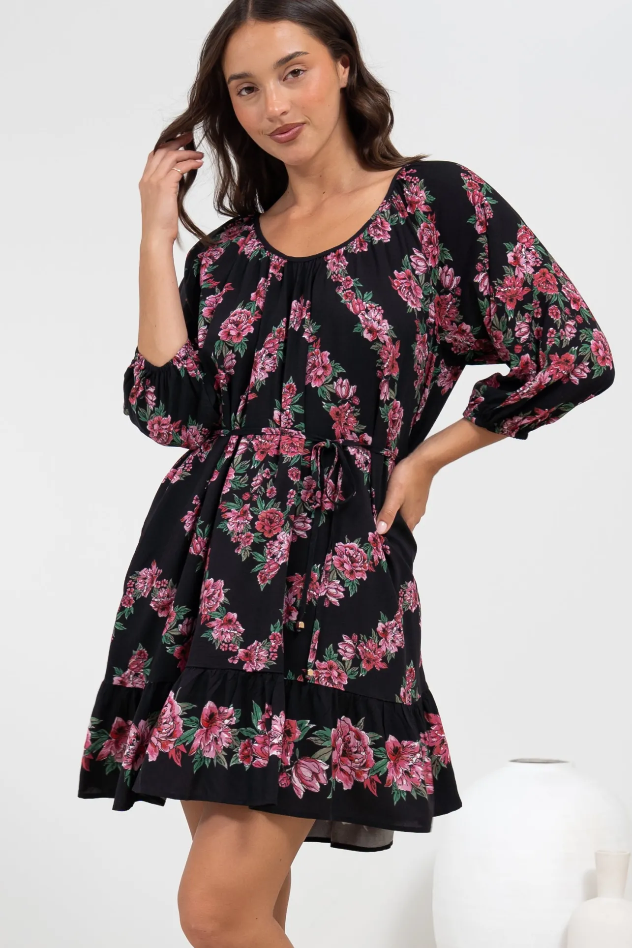 Jannis Mini Dress - Scoop Neckline Shift Dress with Belt in Love Story Print>Salty Crush Online