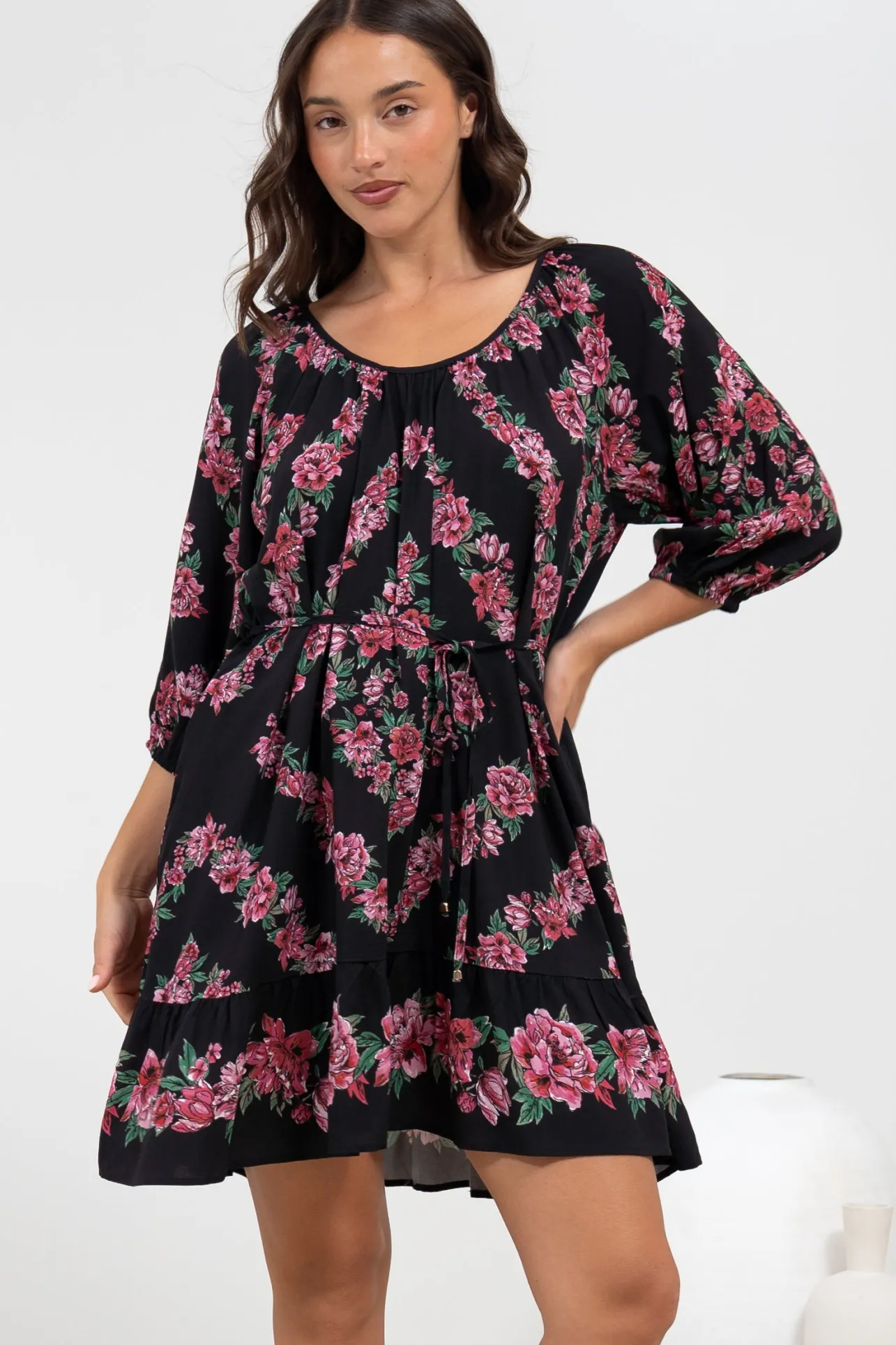 Jannis Mini Dress - Scoop Neckline Shift Dress with Belt in Love Story Print>Salty Crush Online