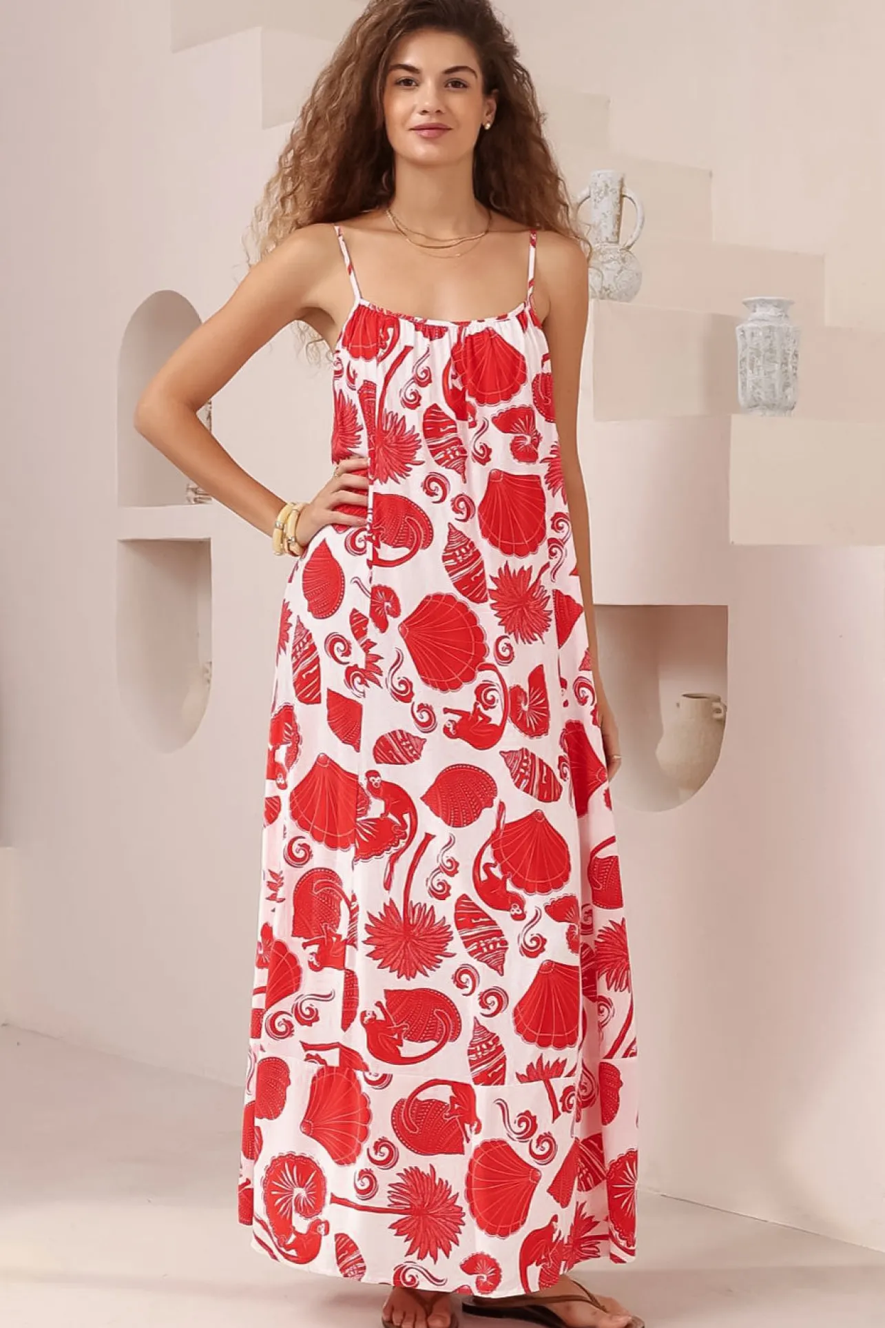 Java Maxi Dress - Adjustable Strap Scoop Neckline Sun Dress in Alexa Print>Salty Crush Clearance
