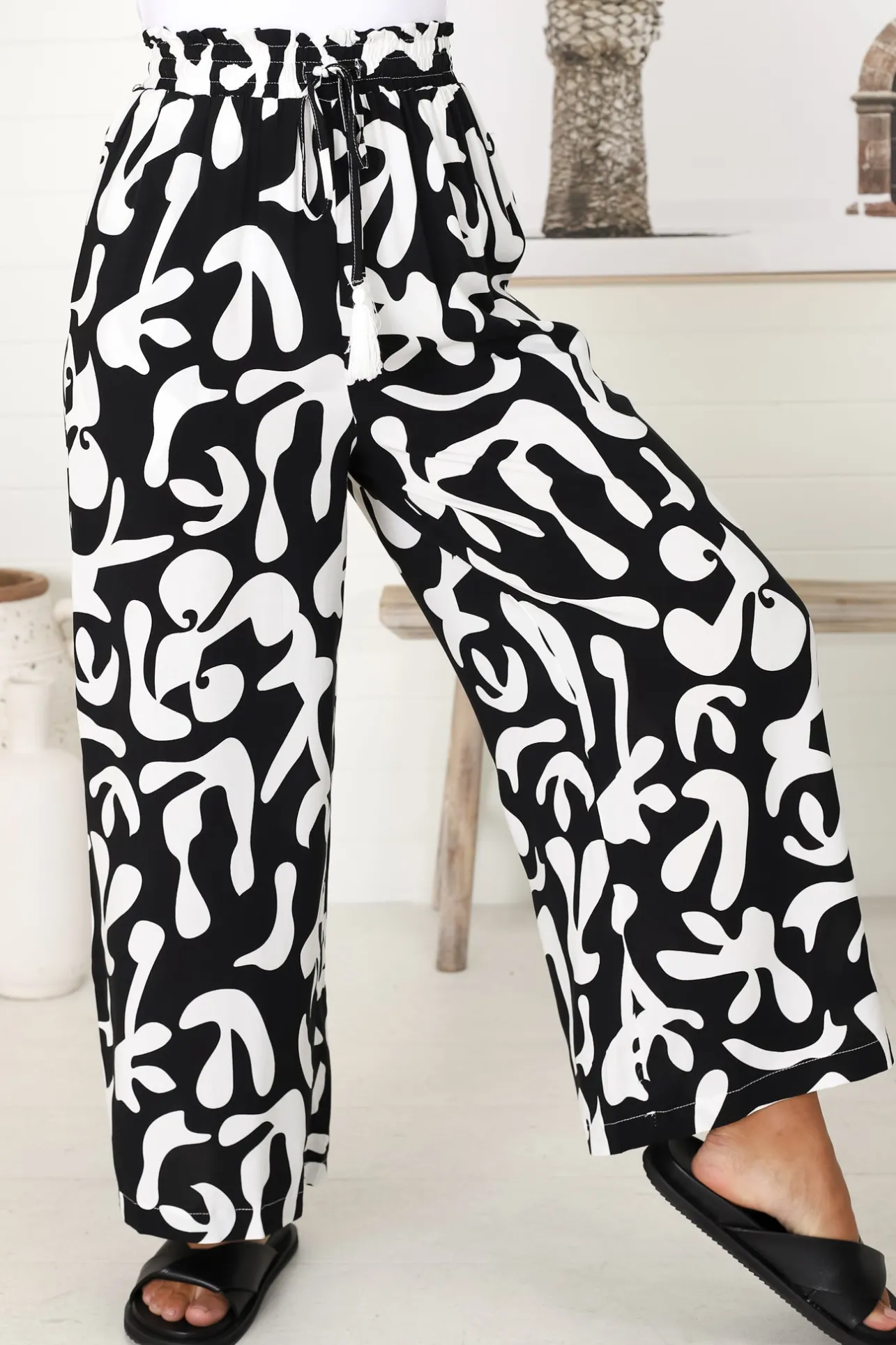 Jaxie Pants - Elasticated Paperbag Waist with Drawstring Wide Leg Pants with Pockets in Black>Salty Crush Online