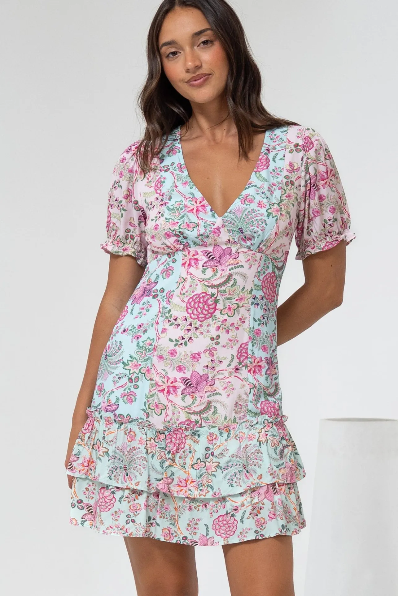Jeannie Mini Dress - A Line Dress with Puff Sleeves in Spriggie Print Green>Salty Crush Outlet