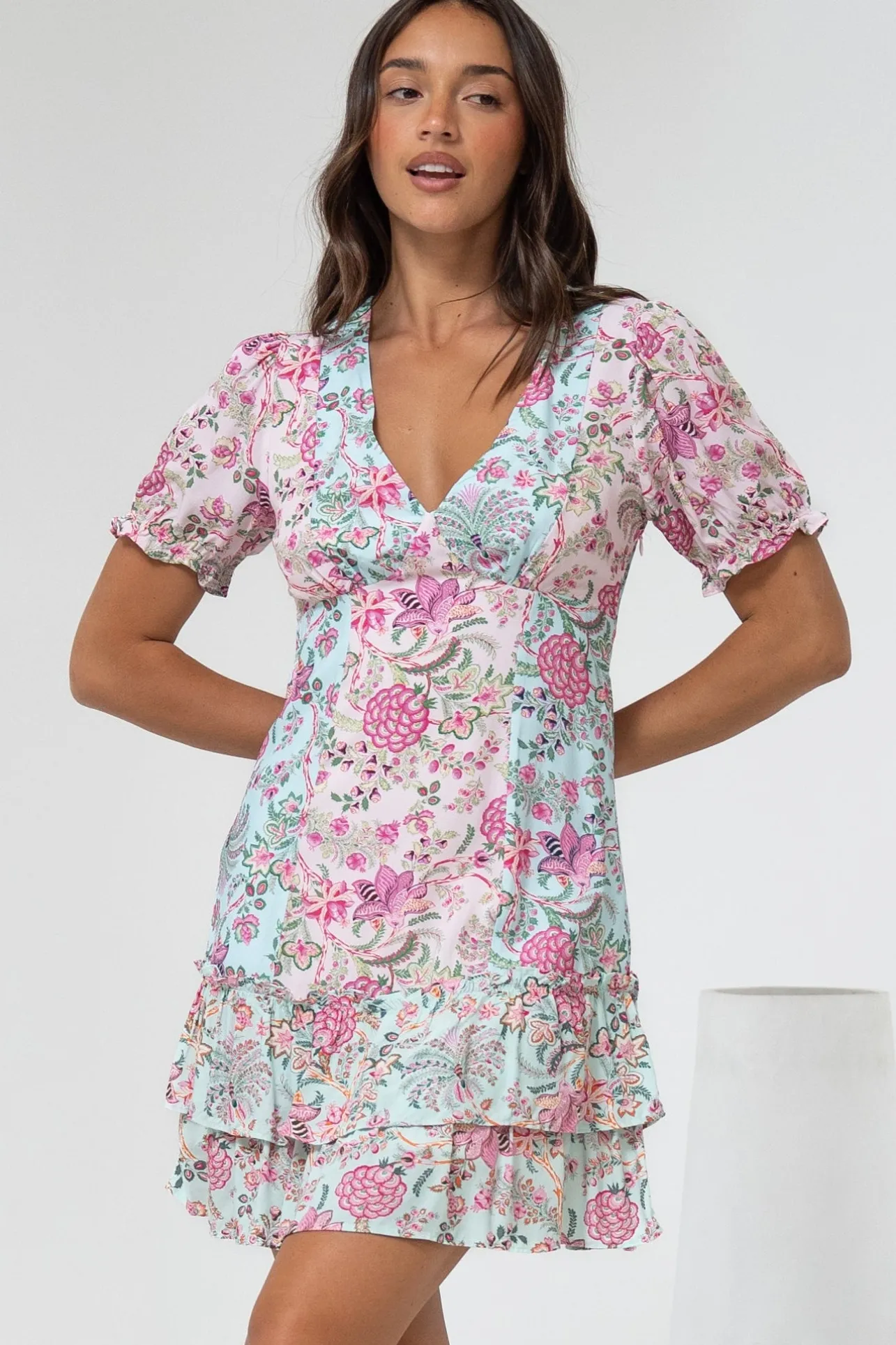 Jeannie Mini Dress - A Line Dress with Puff Sleeves in Spriggie Print Green>Salty Crush Outlet