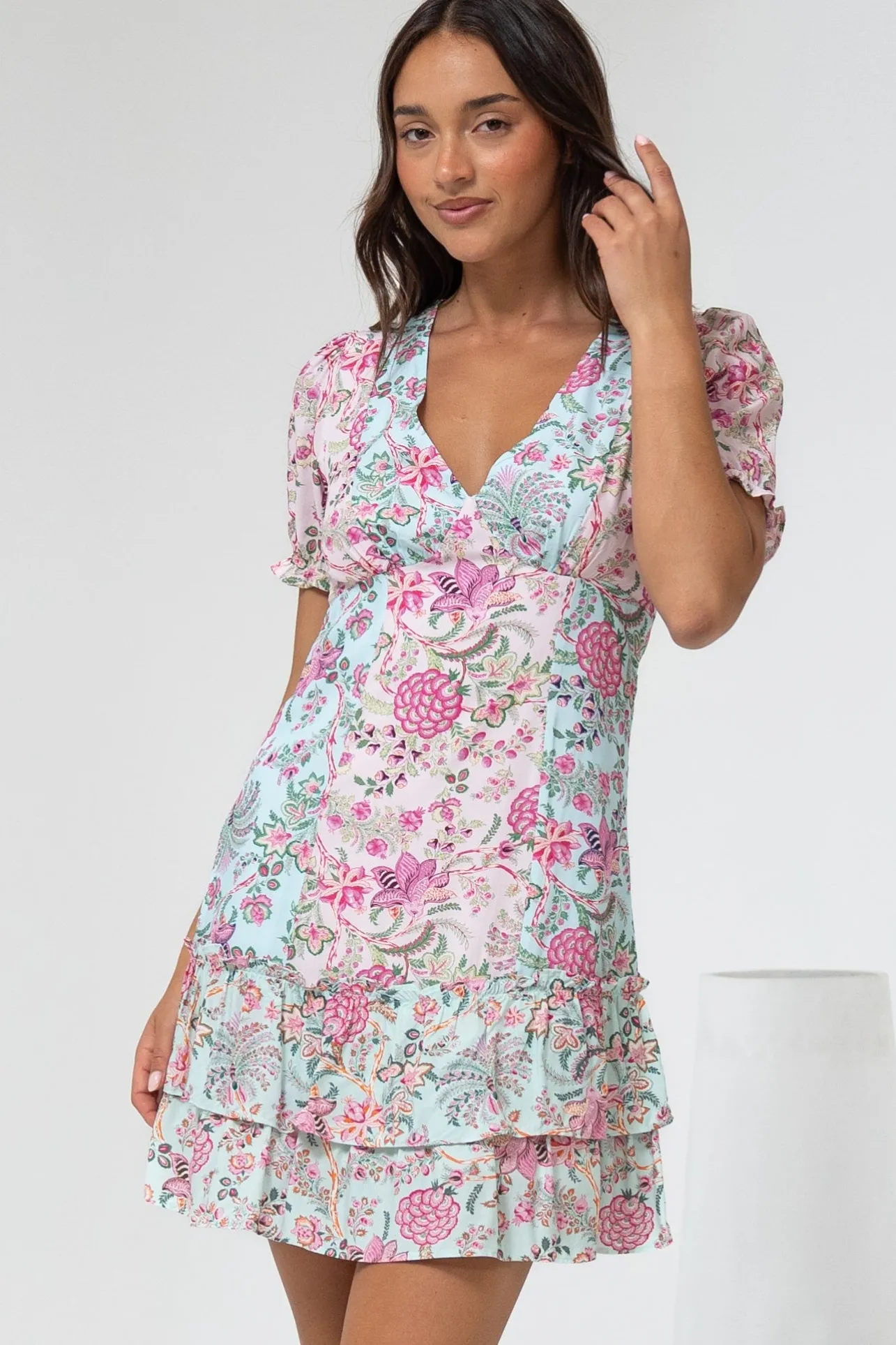 Jeannie Mini Dress - A Line Dress with Puff Sleeves in Spriggie Print Green>Salty Crush Outlet