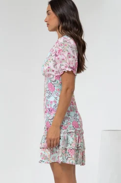 Jeannie Mini Dress - A Line Dress with Puff Sleeves in Spriggie Print Green><noscript><img width=