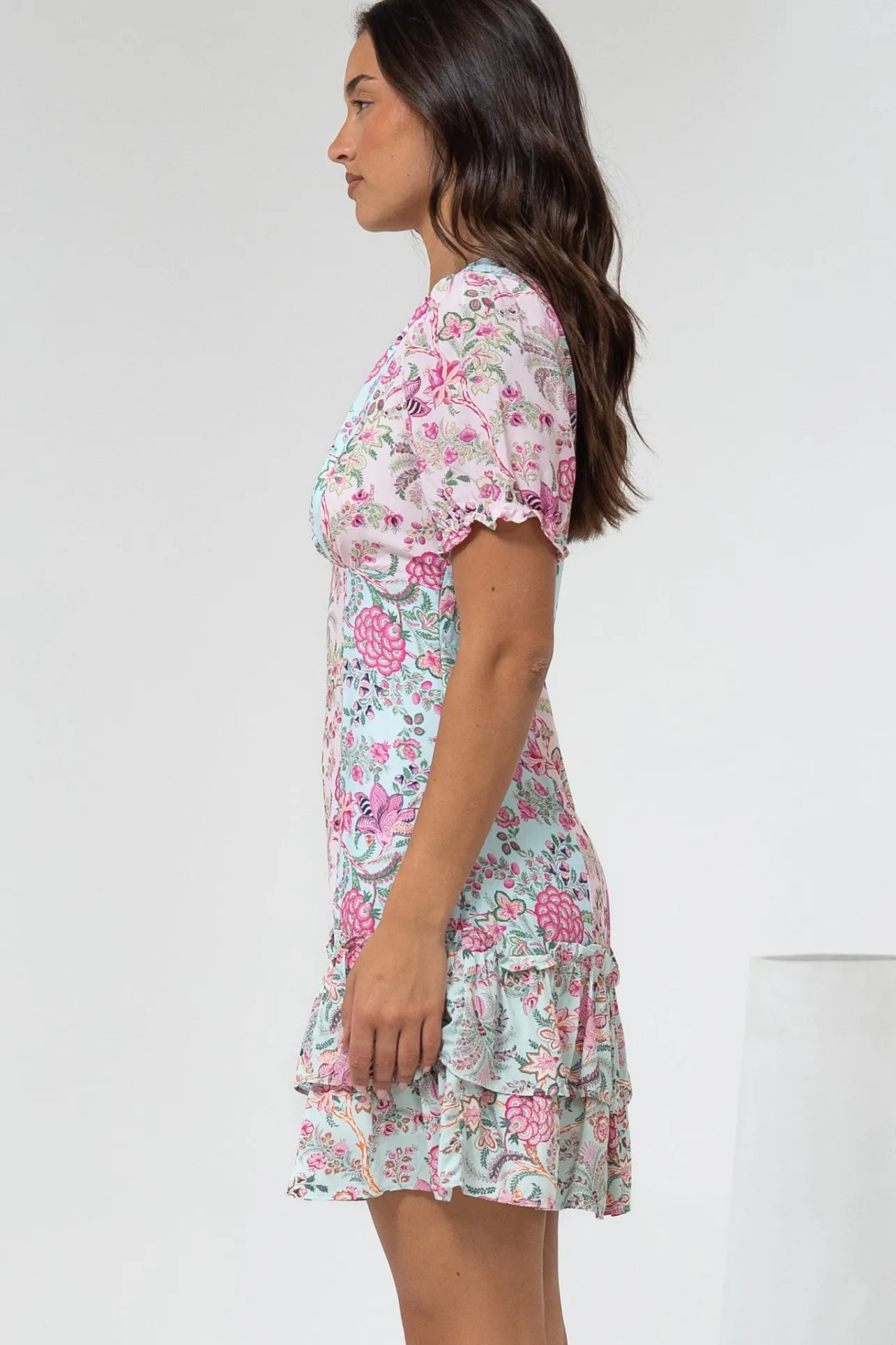 Jeannie Mini Dress - A Line Dress with Puff Sleeves in Spriggie Print Green>Salty Crush Outlet