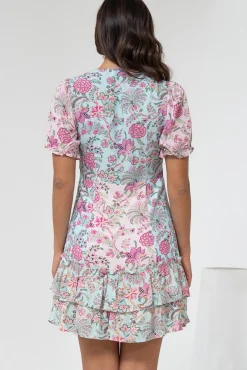 Jeannie Mini Dress - A Line Dress with Puff Sleeves in Spriggie Print Green><noscript><img width=