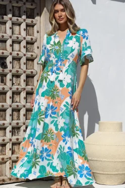 Jemina Maxi Dress - V-Neck Elasticated Waist A-Line Dress in Meaghan Print>Salty Crush Online
