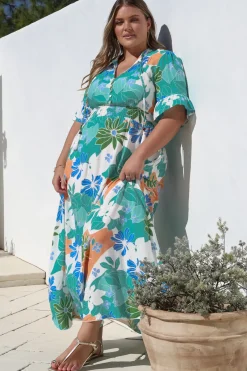 Jemina Maxi Dress - V-Neck Elasticated Waist A-Line Dress in Meaghan Print><noscript><img width=