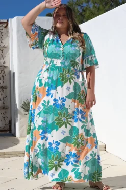 Jemina Maxi Dress - V-Neck Elasticated Waist A-Line Dress in Meaghan Print><noscript><img width=