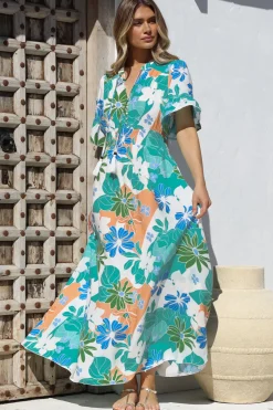 Jemina Maxi Dress - V-Neck Elasticated Waist A-Line Dress in Meaghan Print><noscript><img width=