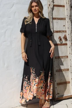 Jemina Maxi Dress - V-Neck Elasticated Waist A-Line Dress in Florence Print Black>Salty Crush Sale