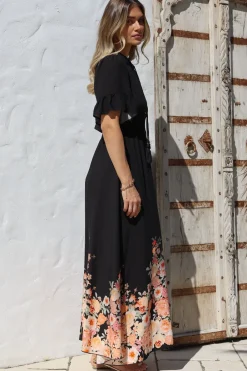 Jemina Maxi Dress - V-Neck Elasticated Waist A-Line Dress in Florence Print Black><noscript><img width=