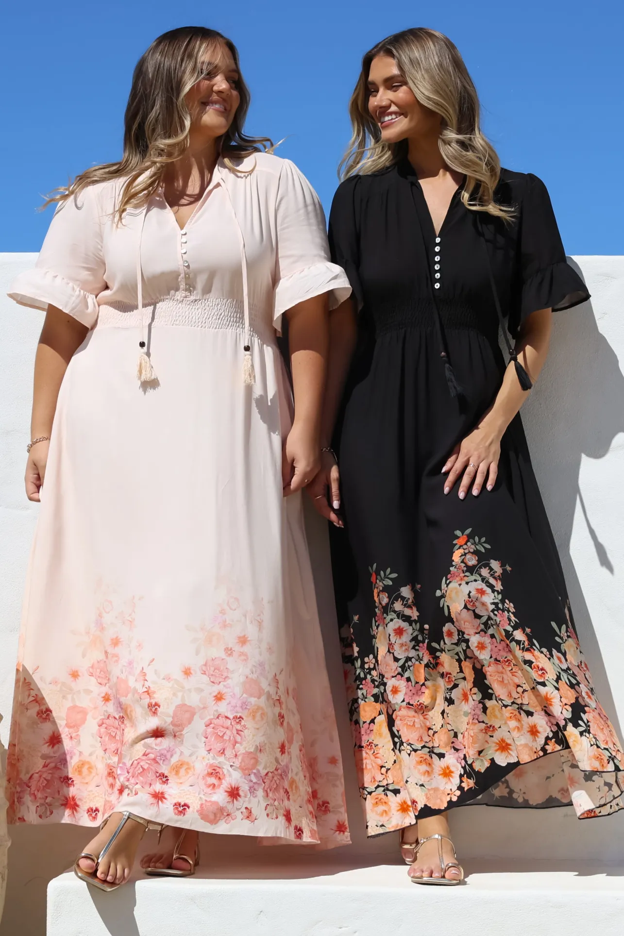 Jemina Maxi Dress - V-Neck Elasticated Waist A-Line Dress in Florence Print Black>Salty Crush Sale
