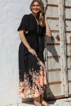 Jemina Maxi Dress - V-Neck Elasticated Waist A-Line Dress in Florence Print Black><noscript><img width=