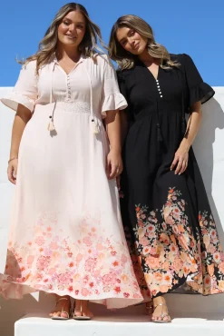 Jemina Maxi Dress - V-Neck Elasticated Waist A-Line Dress in Florence Print Black><noscript><img width=