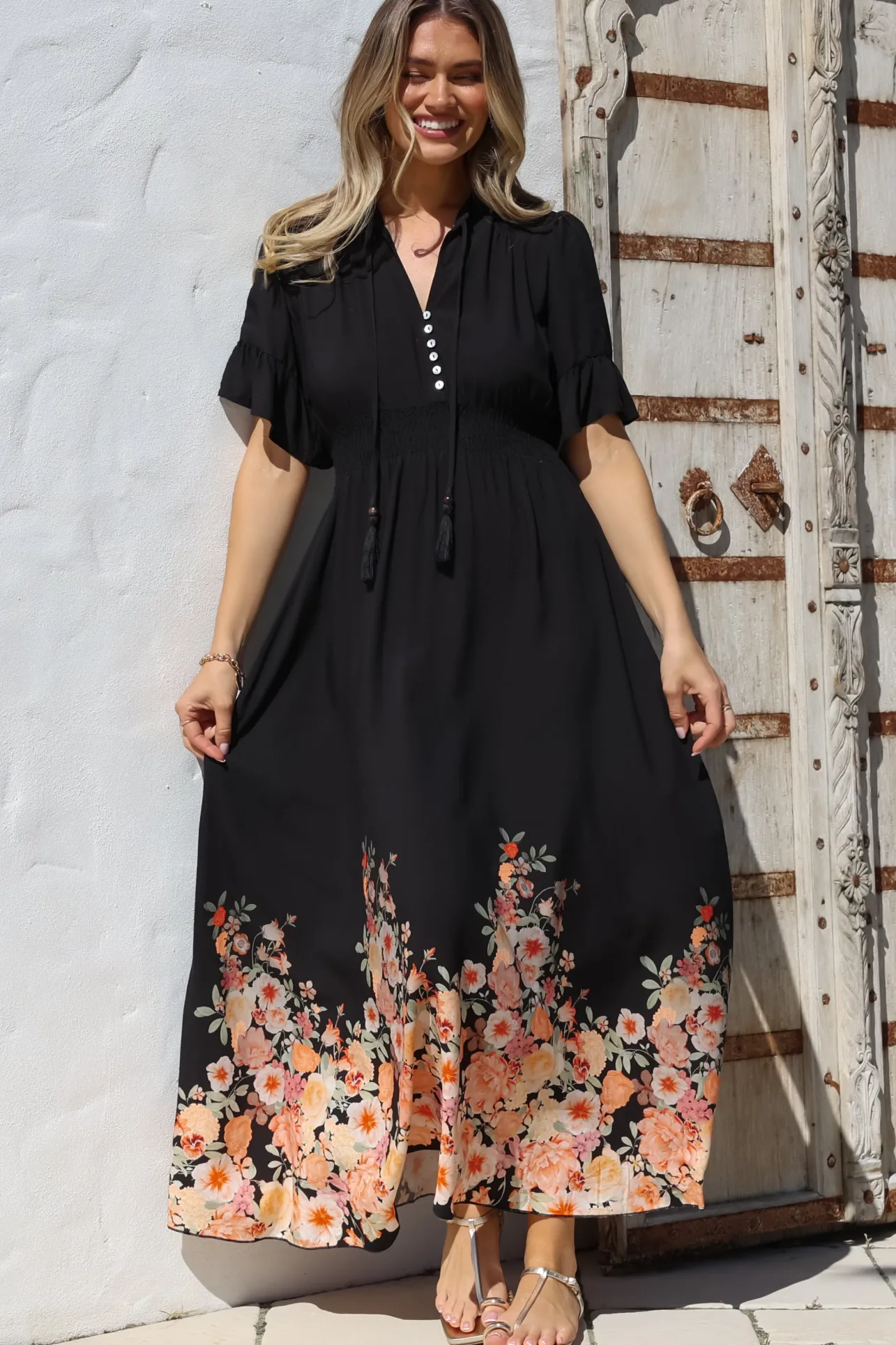 Jemina Maxi Dress - V-Neck Elasticated Waist A-Line Dress in Florence Print Black>Salty Crush Sale