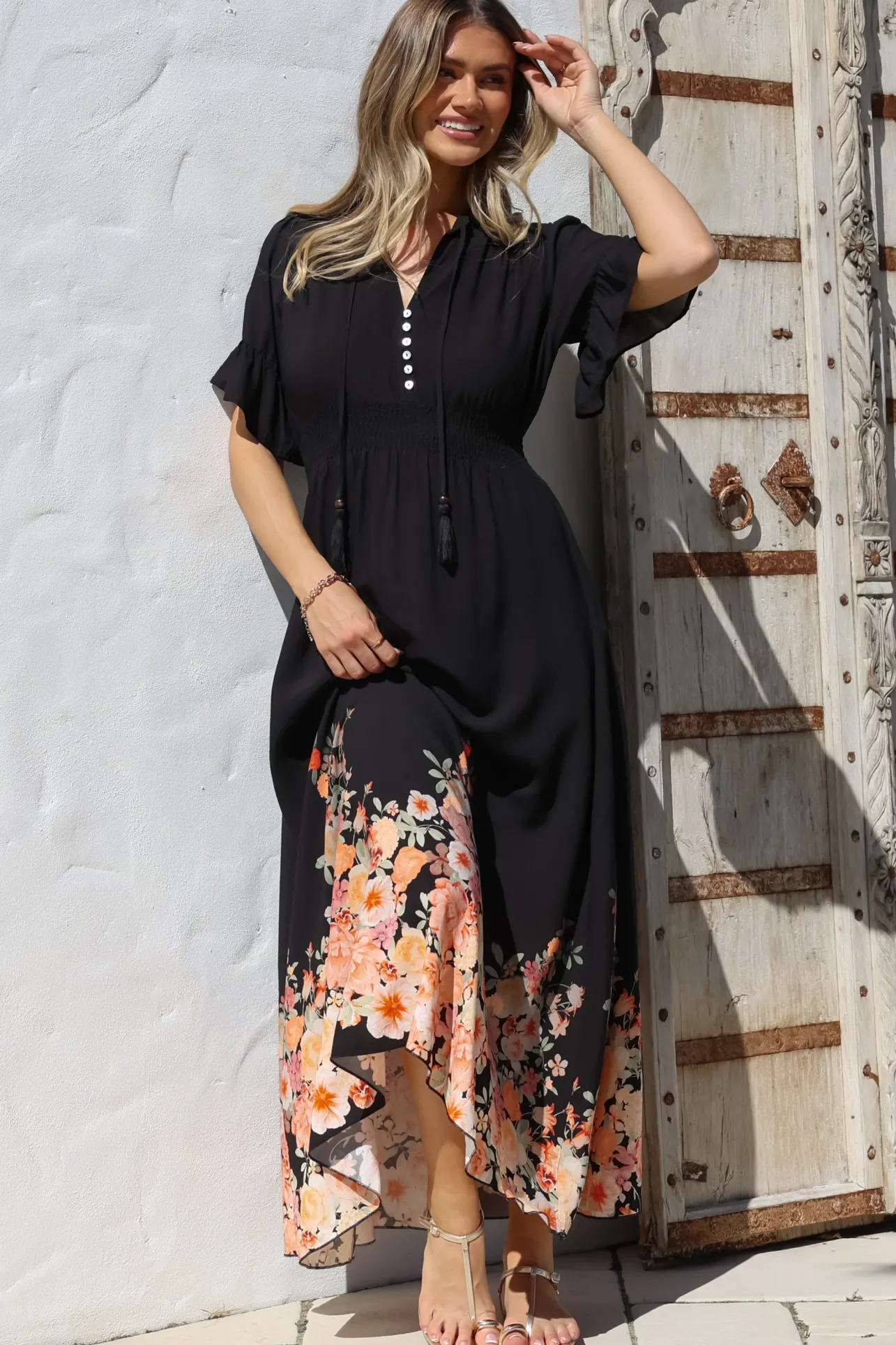 Jemina Maxi Dress - V-Neck Elasticated Waist A-Line Dress in Florence Print Black>Salty Crush Sale