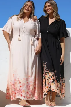 Jemina Maxi Dress - V-Neck Elasticated Waist A-Line Dress in Florence Print Black><noscript><img width=