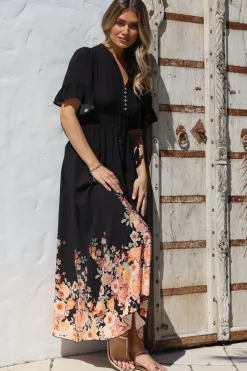 Jemina Maxi Dress - V-Neck Elasticated Waist A-Line Dress in Florence Print Black><noscript><img width=