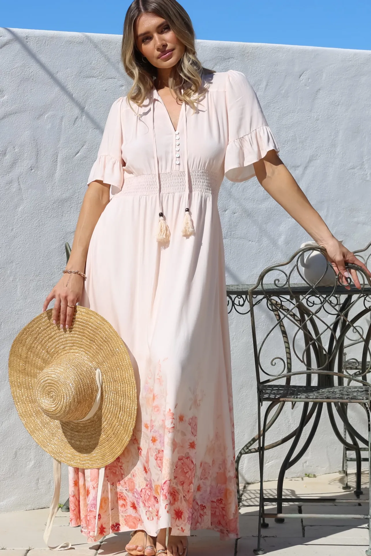Jemina Maxi Dress - V-Neck Elasticated Waist A-Line Dress in Florence Print Pink>Salty Crush Clearance