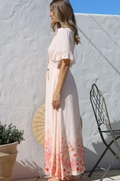 Jemina Maxi Dress - V-Neck Elasticated Waist A-Line Dress in Florence Print Pink><noscript><img width=