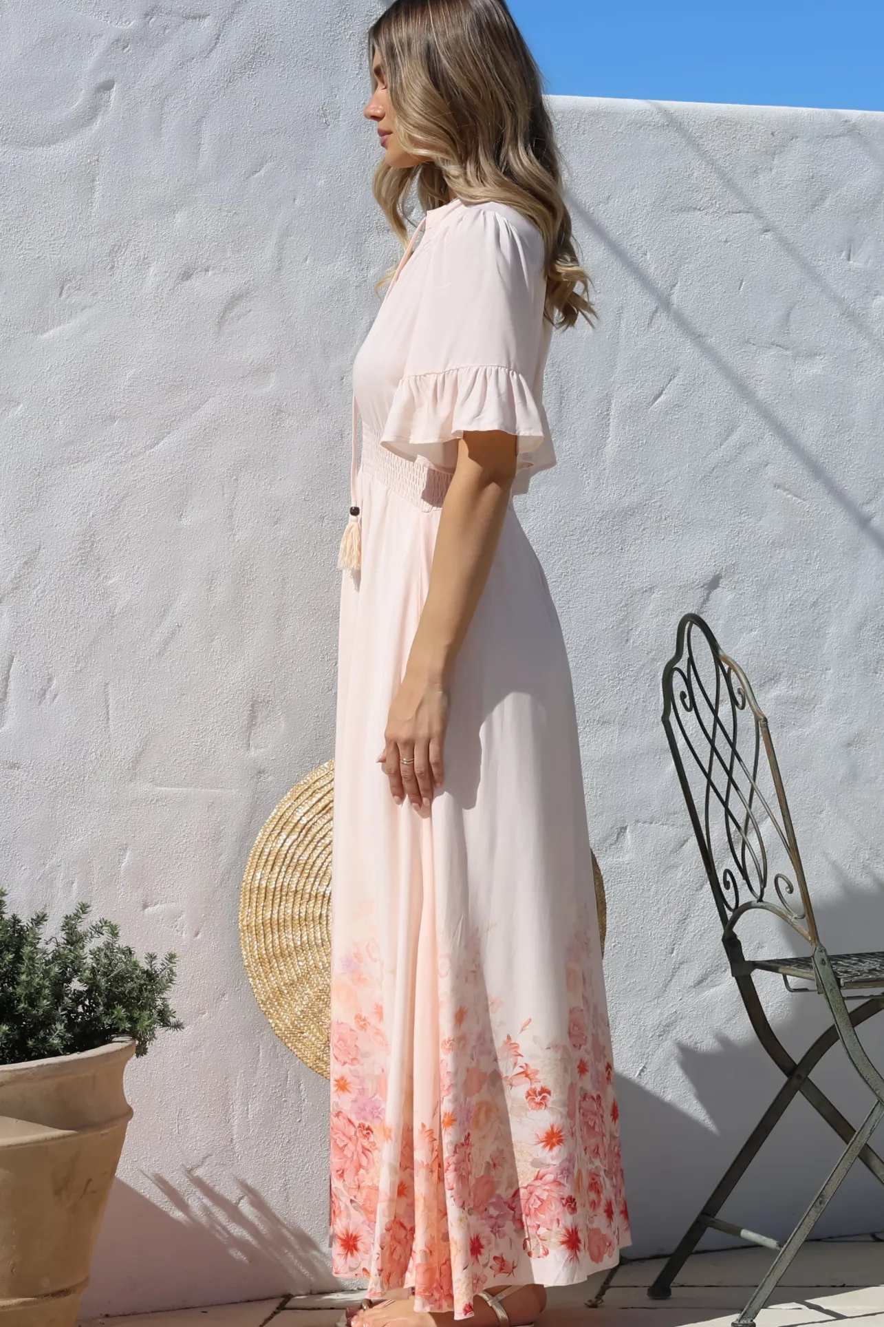 Jemina Maxi Dress - V-Neck Elasticated Waist A-Line Dress in Florence Print Pink>Salty Crush Clearance