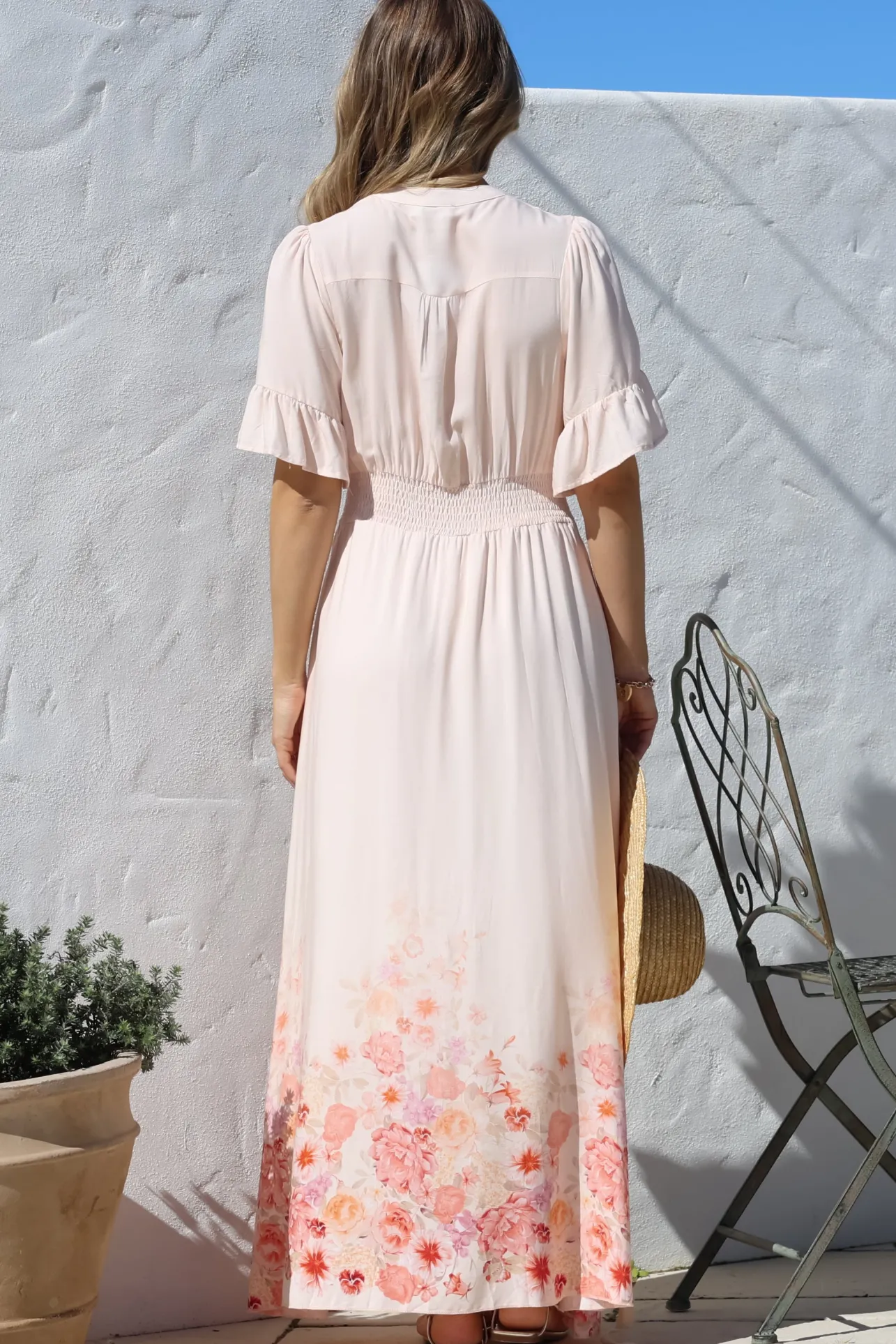 Jemina Maxi Dress - V-Neck Elasticated Waist A-Line Dress in Florence Print Pink>Salty Crush Clearance