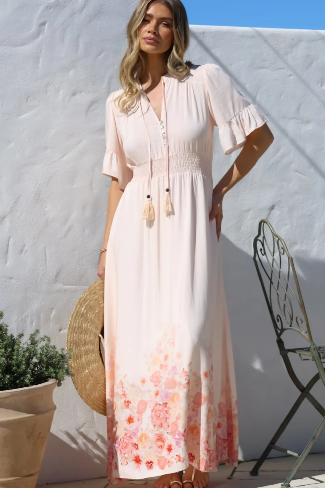 Jemina Maxi Dress - V-Neck Elasticated Waist A-Line Dress in Florence Print Pink>Salty Crush Clearance